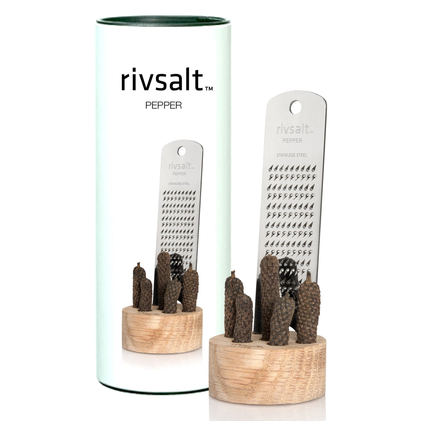 Rivsalt Pepper - Long Pepper + Stainless Steel Grater + Oak Stand